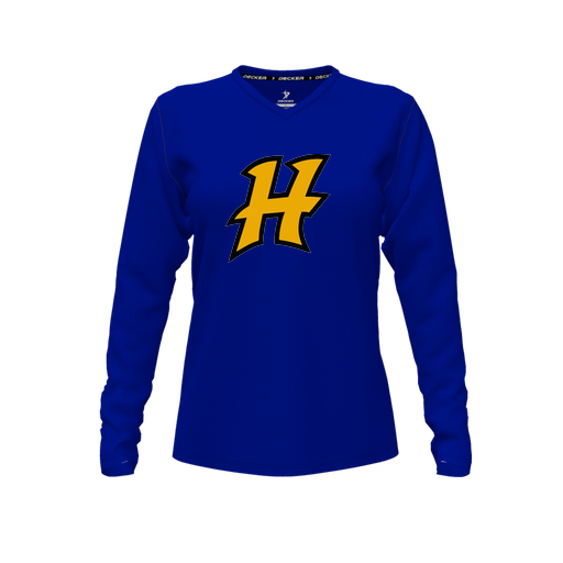 [CUS-DFW-TEES-CMF-VNK-LSL-RYL-FYXS-LOGO3] Decker Comfort T-Shirt (Female Youth XS, Royal, V Neck, Logo 3, Long Sleeve)