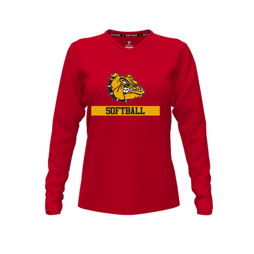 [CUS-DFW-TEES-CMF-VNK-LSL-RED-FYXS-LOGO1] Decker Comfort T-Shirt (Female Youth XS, Red, V Neck, Logo 1, Long Sleeve)