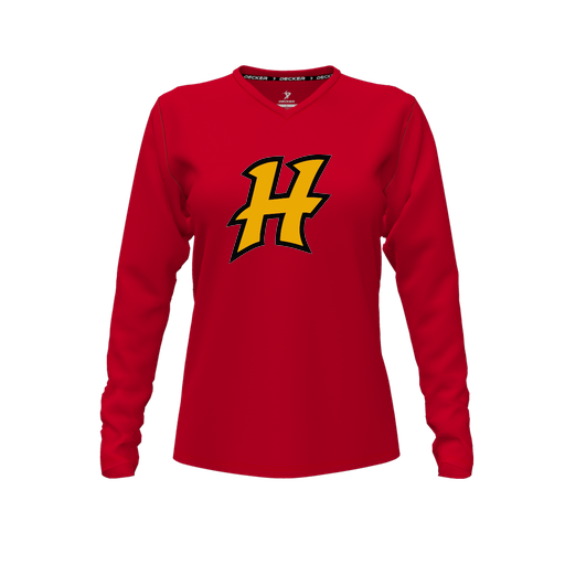 [FTLVCFRD-FYXS-LOGO3] Decker Comfort T-Shirt (Female Youth XS, Red, V Neck, Logo 3, Long Sleeve)